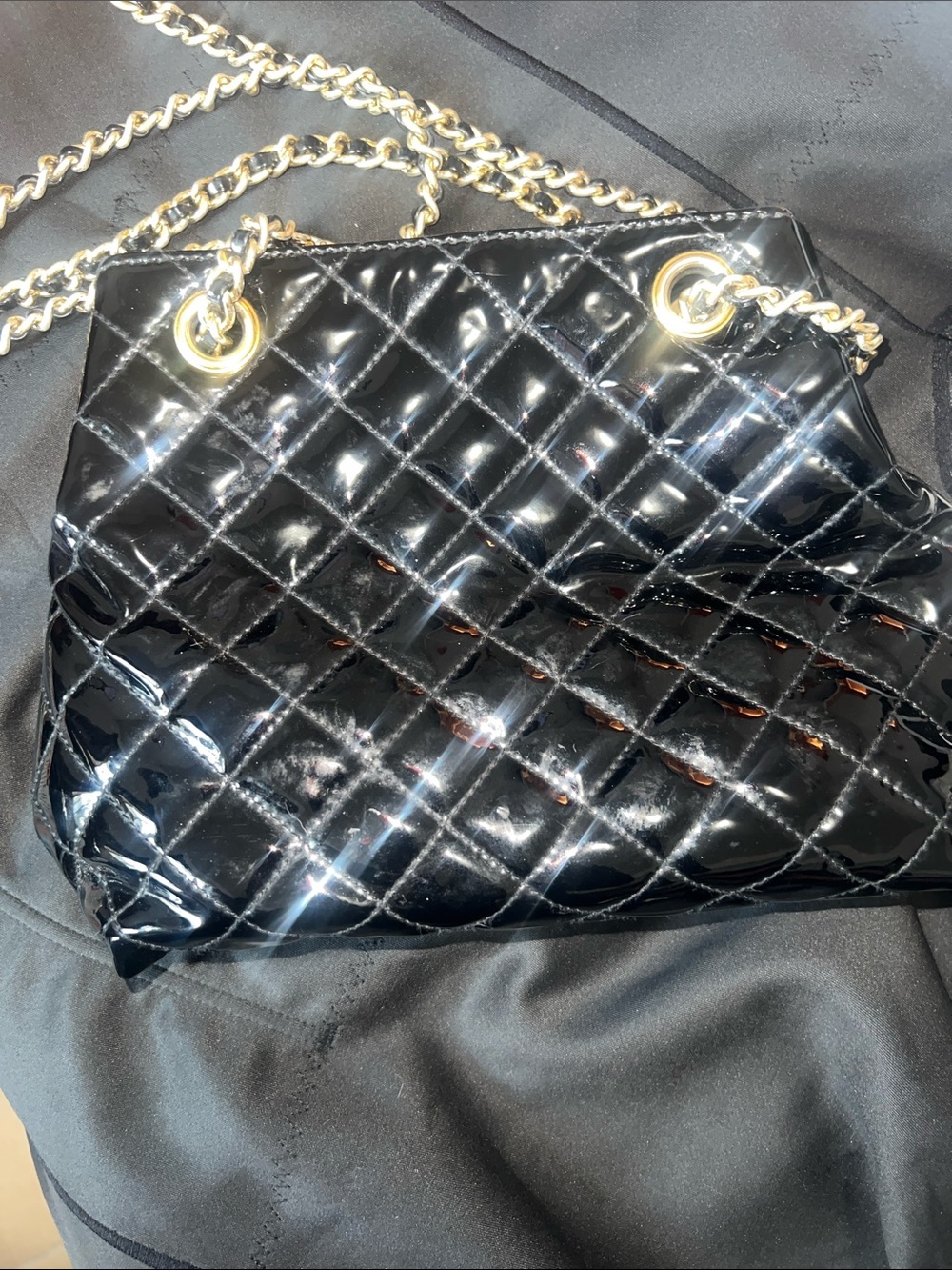 Jennifer Moore Black Quilted Patent Shoulder Bag with Gold Chain